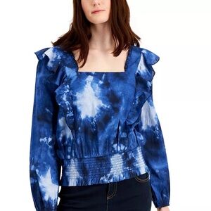 INC Blouse Top International Concepts Square Neck SZ XL Blue Cotton CottageCore